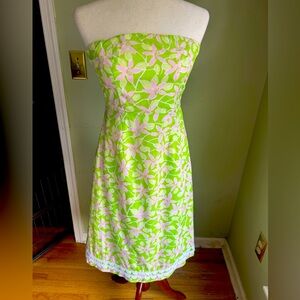 Lilly Pulitzer vintage strapless dress in pink/green floral lace hem. Sz 4 Cute!